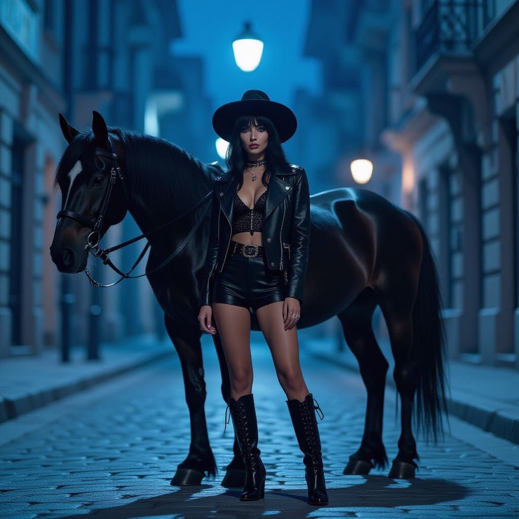Gothic Cat Woman with Black Horse in Urban Night