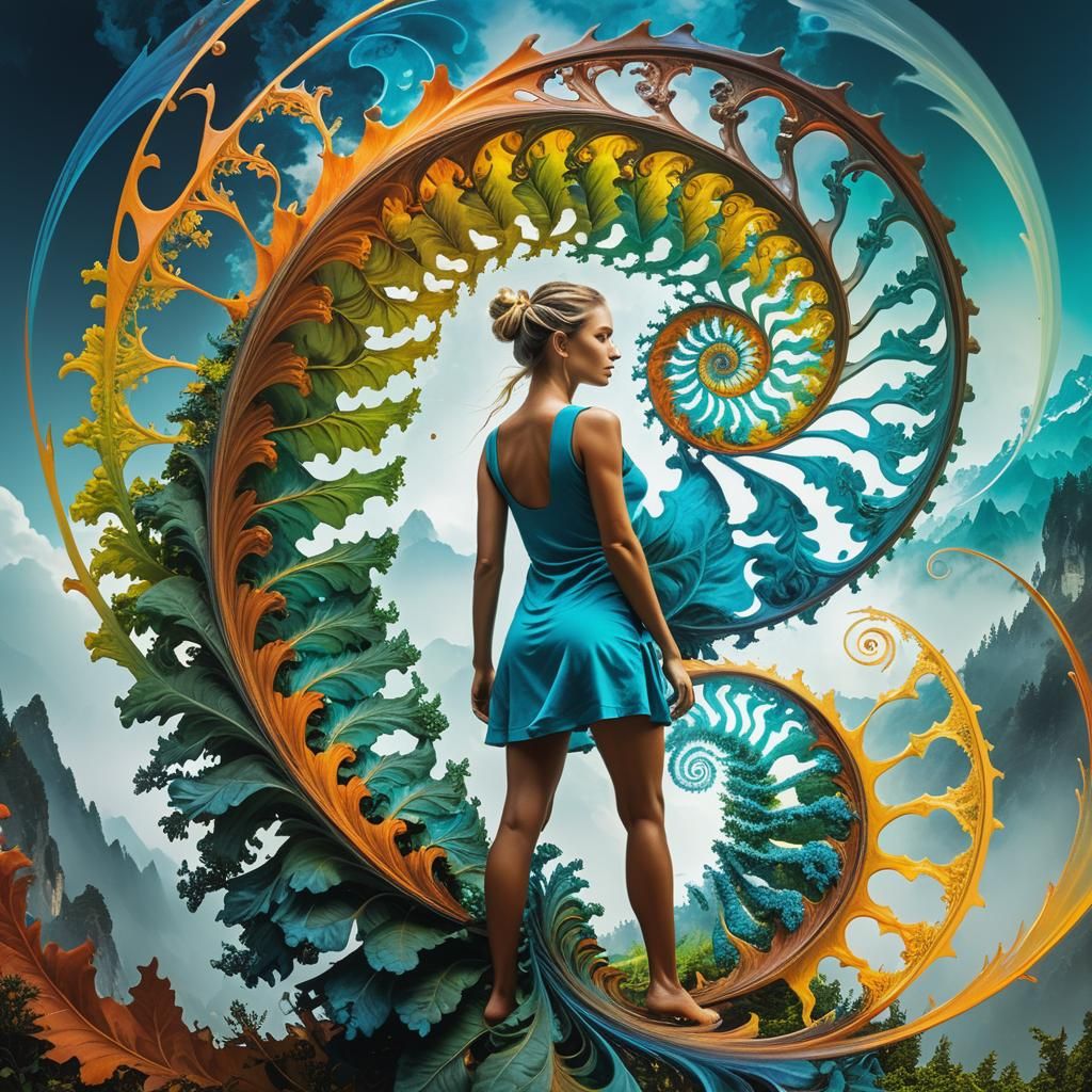 Hyperrealistic full body double exposure, Fibonacci Spiral, ...