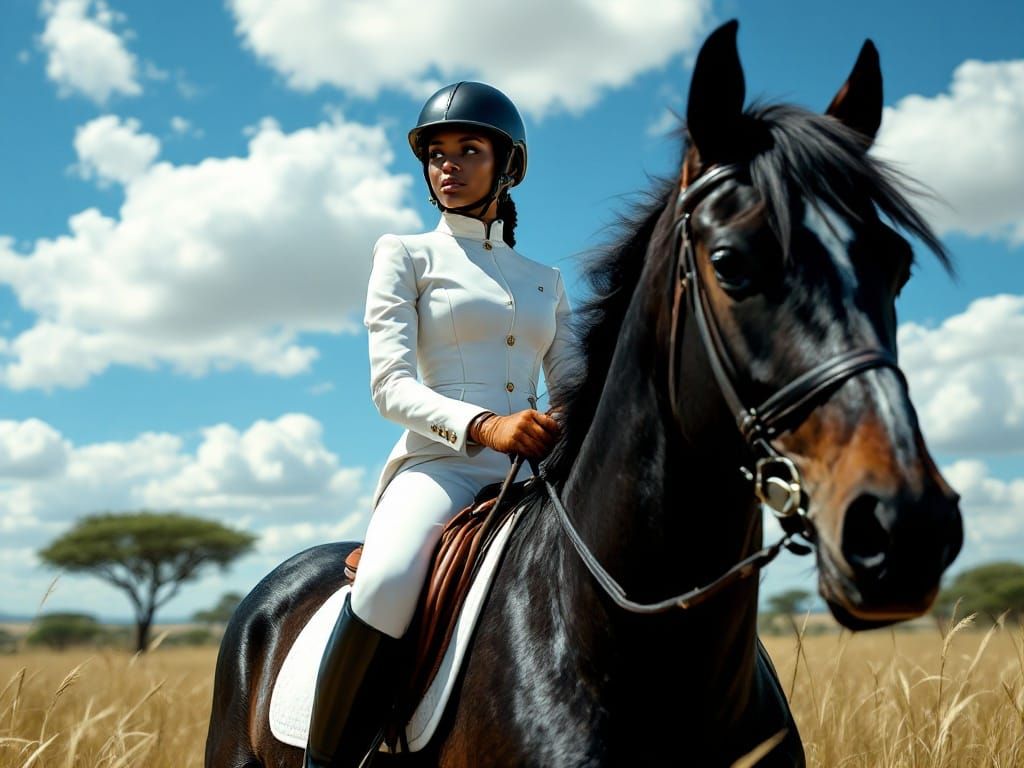 Ebony Woman Rides a Majestic Black Horse in a Serene Savanna...