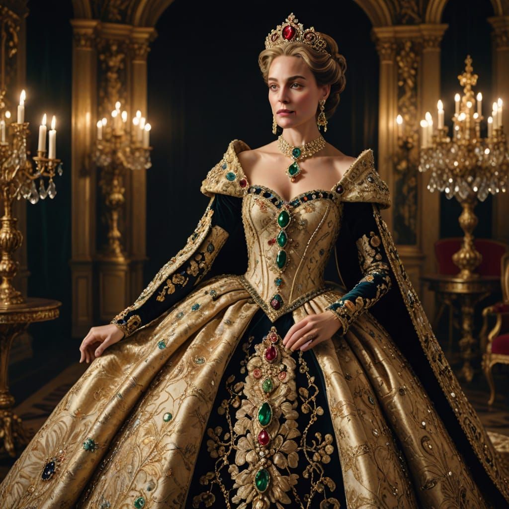 Luxurious Baroque Queen in Golden Velvet Gown with Precious ...