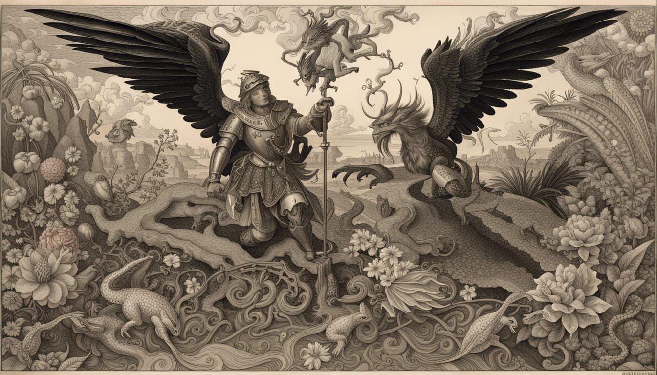 Robot St Michael Slaying Dragon in Victorian Engraving Style