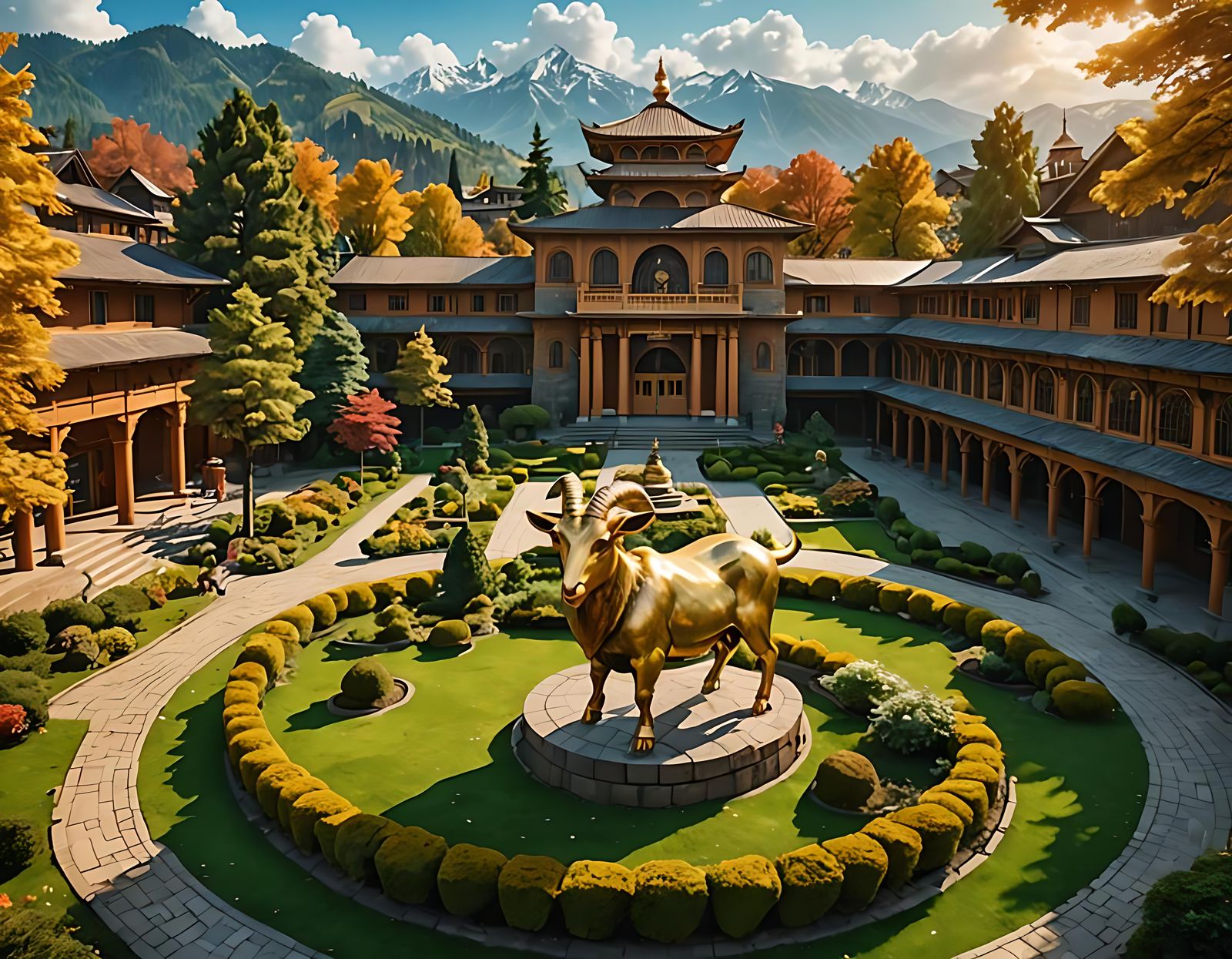 Futuristic Ecological University Campus with Golden Goat Sta...