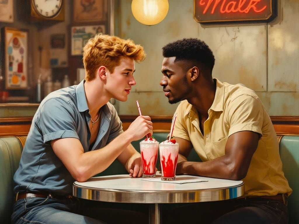 Gay Couple Sharing Milkshake, 1950s Oil Painting