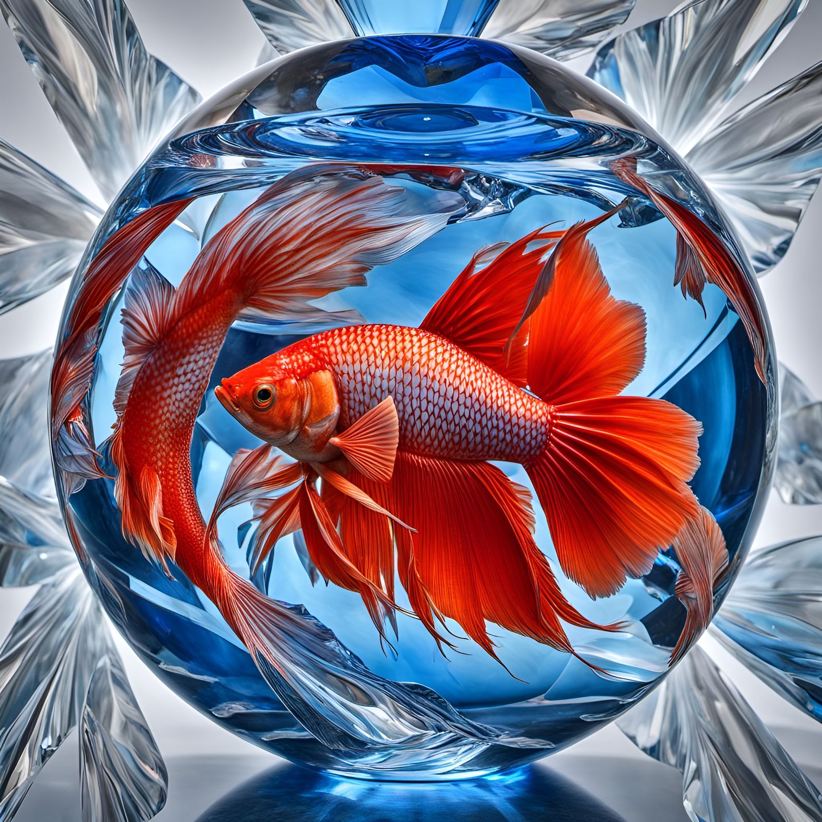 Vivid Fighting Fish in Cut Crystal Vase