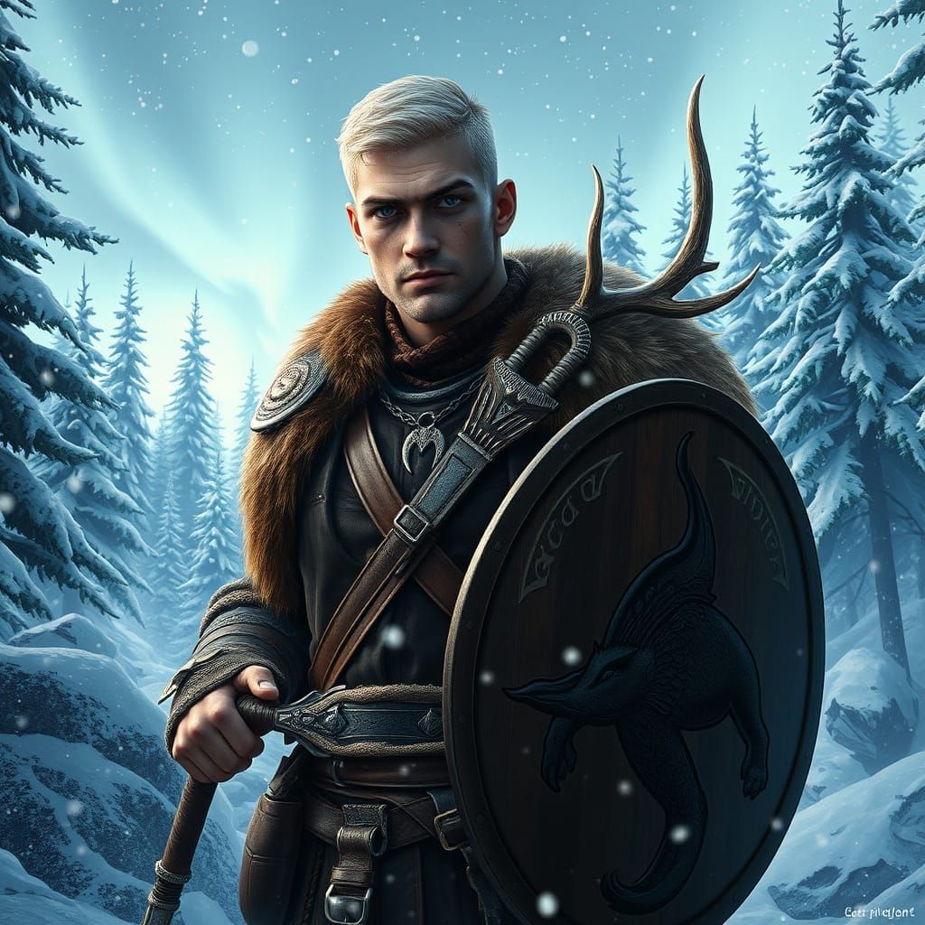 Ethereal Nord Warrior Stands Resolute in Snowy Skyrim Landsc...