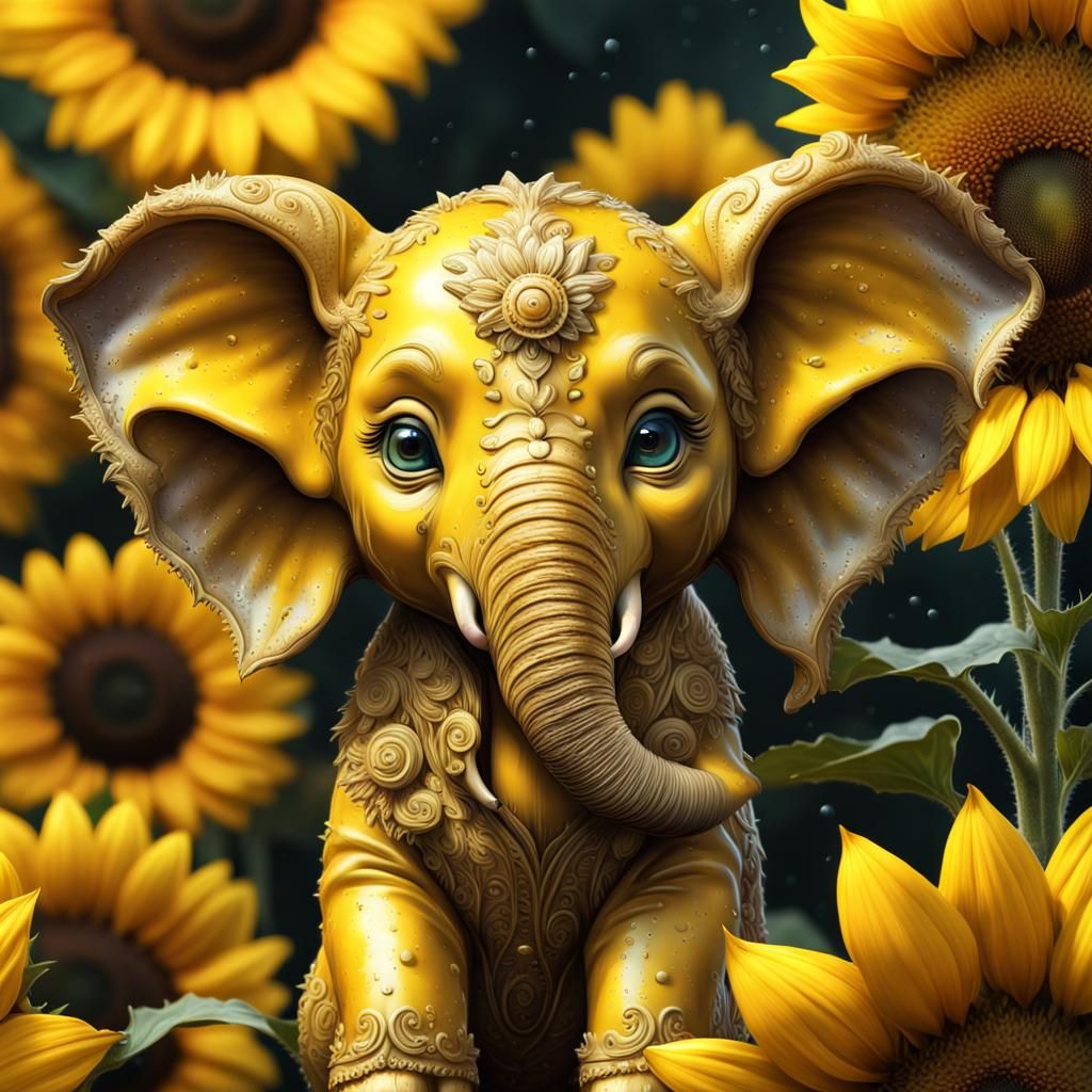 Sunflower Elephant: Hyperrealistic Mixed-Media Photography