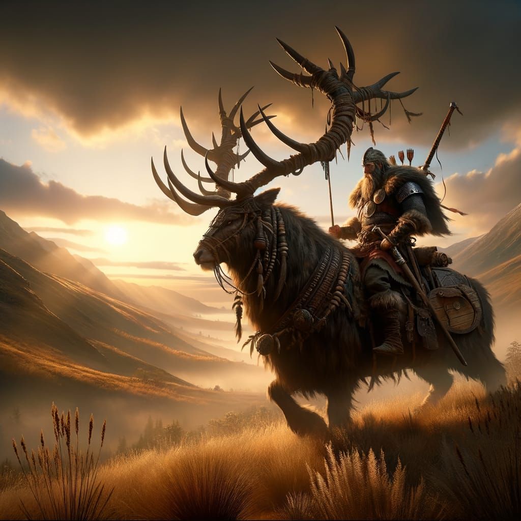 Viking Warrior on Battle Stag in Heroic Fantasy Style