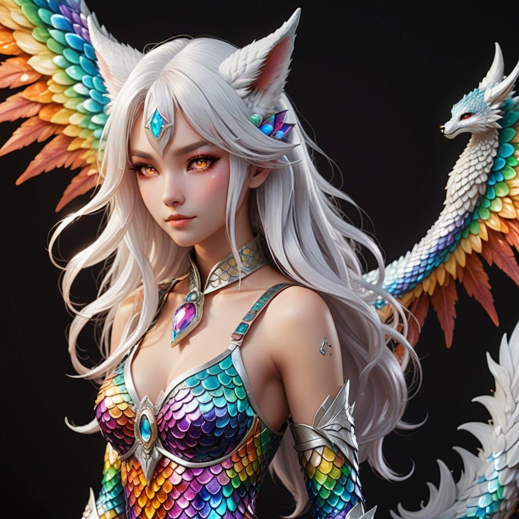 Enchanted Kitsune Goddess with Rainbow Scales and Wings