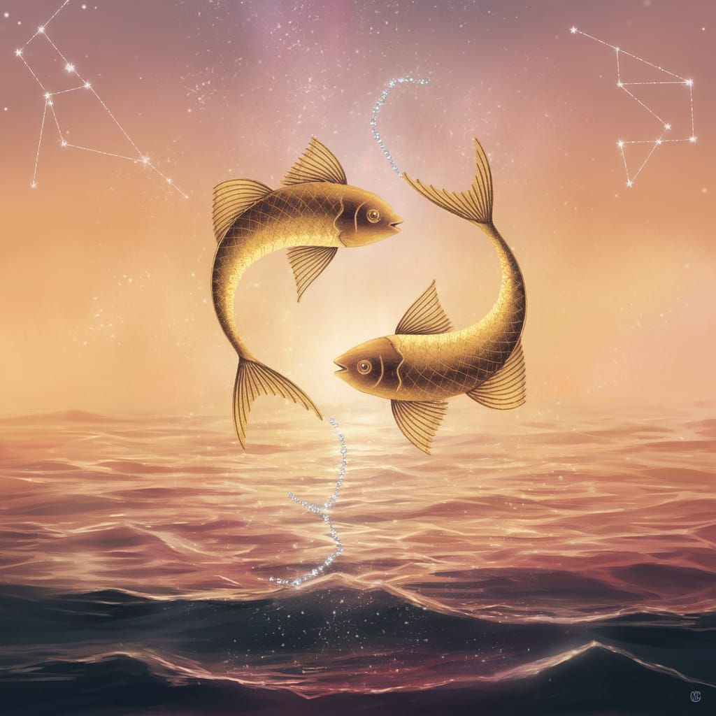 Golden Fish Swim Amidst Celestial Sunsets in Dreamy Digital ...