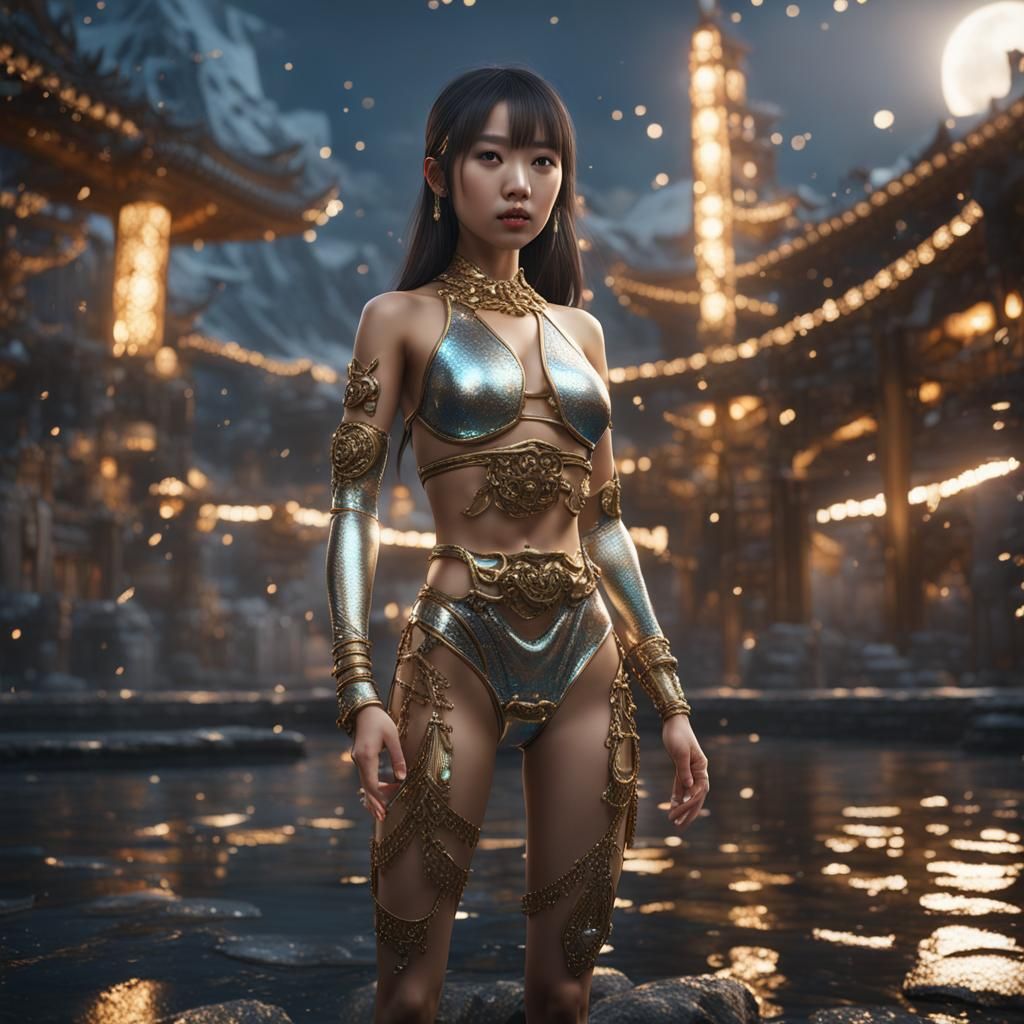 Asian Girl in Metallic Bikini: Photorealistic Art