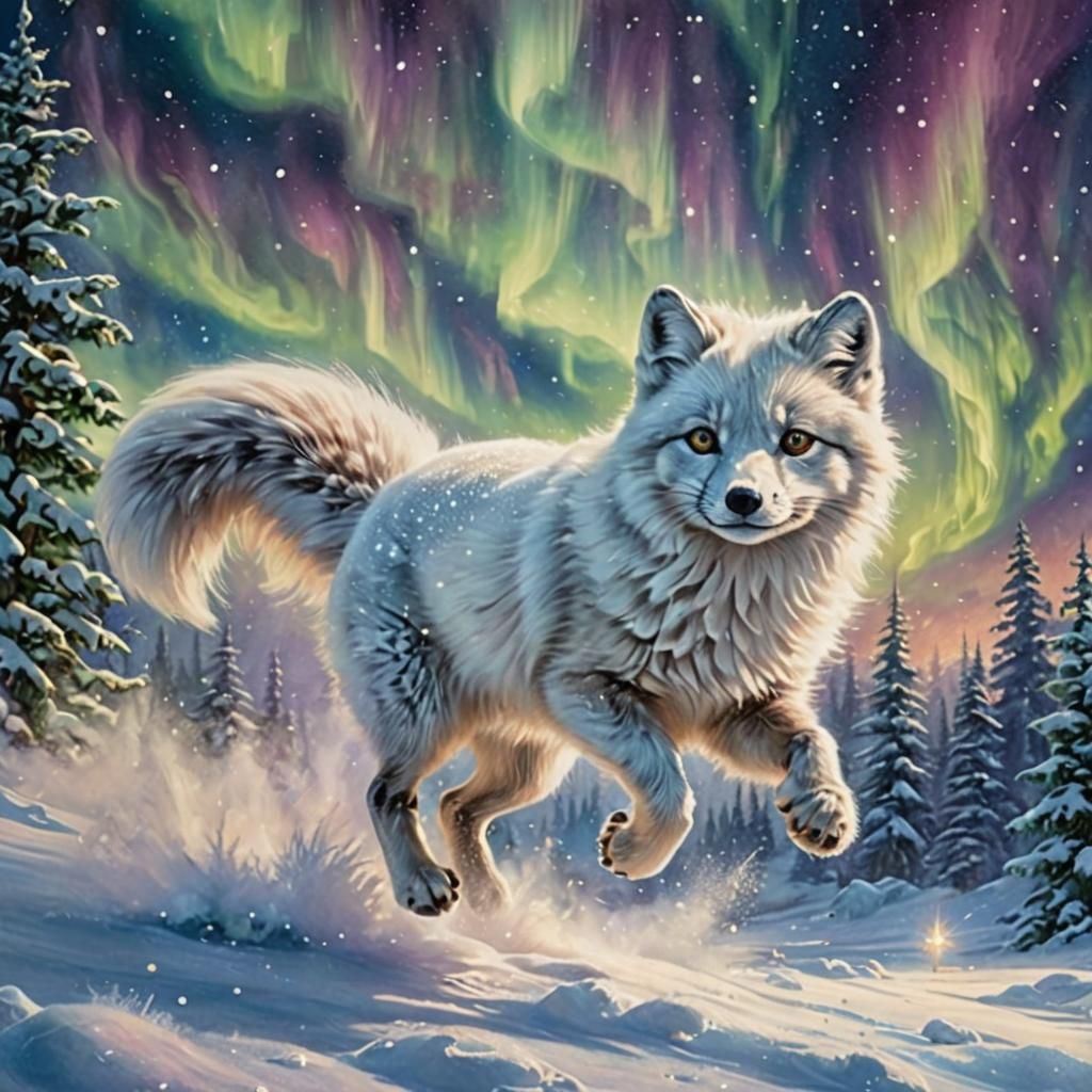 Arctic Fox Leaps Under Ethereal Northern Lights