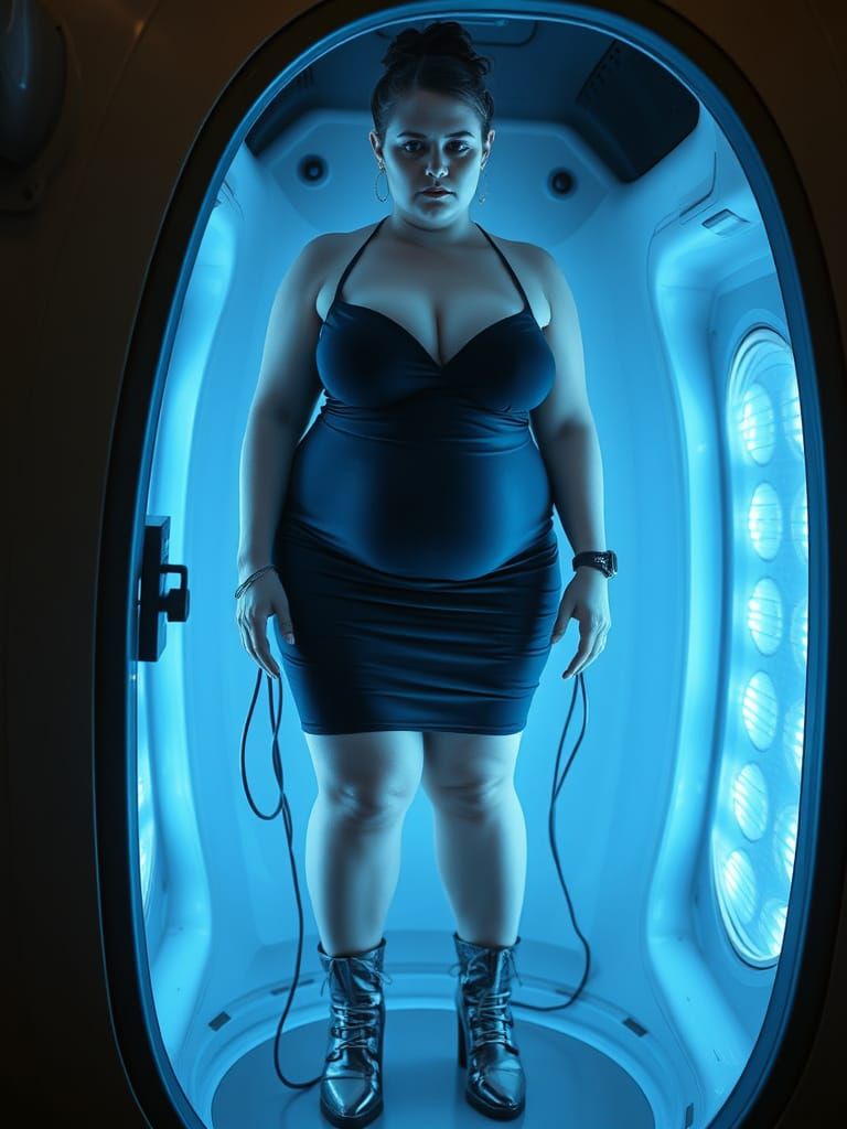 Curvy Woman in Charging Pod, Hyper-Realistic Style