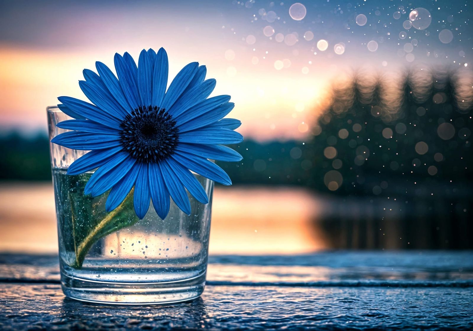 Vibrant Blue Flower in Whimsical Evening Scene