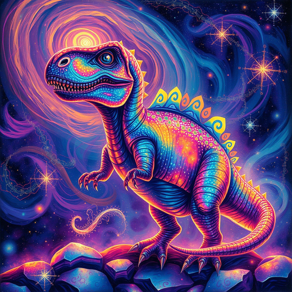 Iridescent Dinosaur in Astral Cosmic Dreamscape
