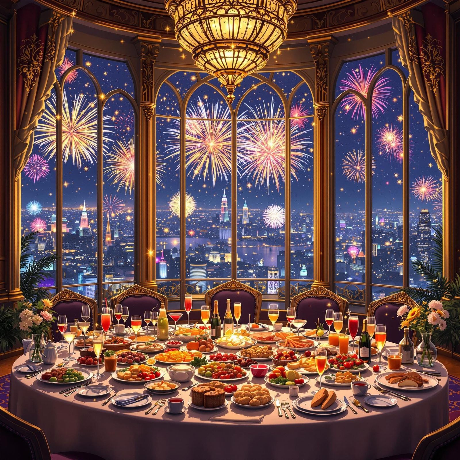 Elegant New Year's Eve Celebration in Vibrant, Anime Style
