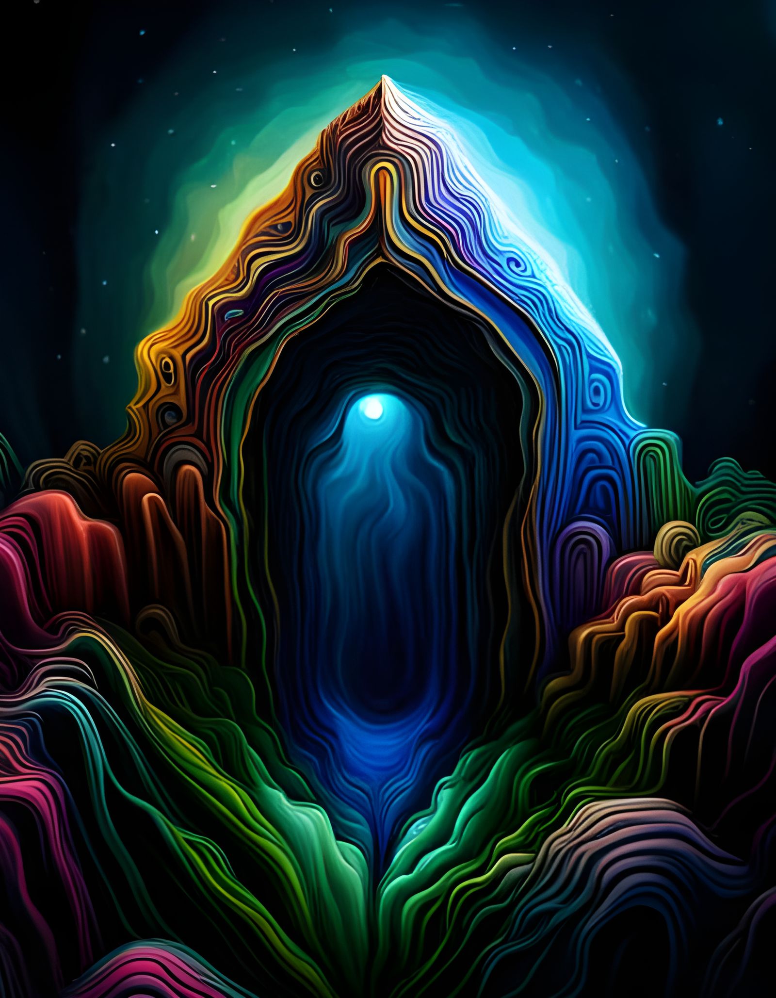 Cosmic Portal and Blue Sparrow in Mixed Media