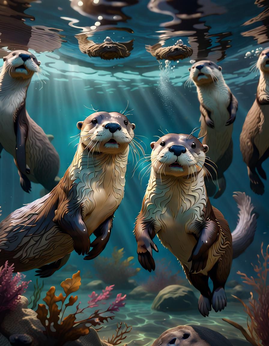 River otters playing underwater, action poses, underwater vi...