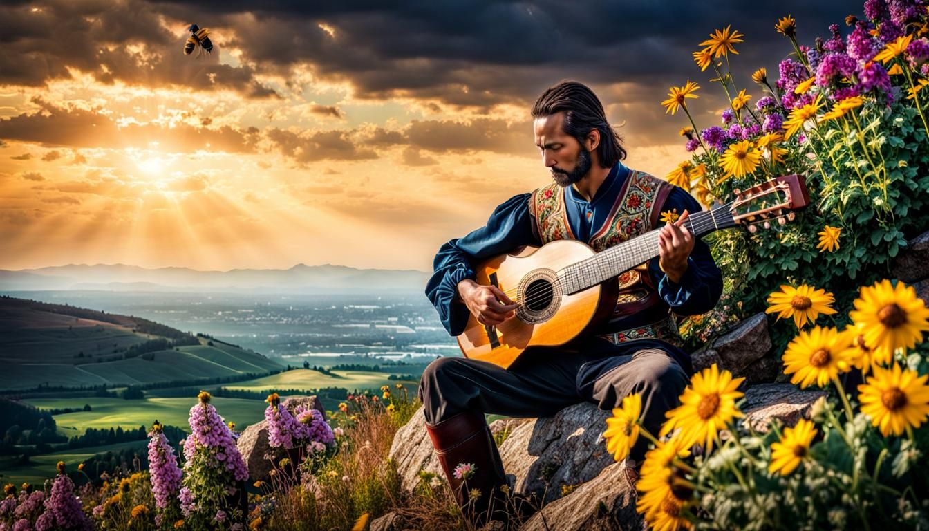 Hyperrealistic Centaur Playing Lute in Glen