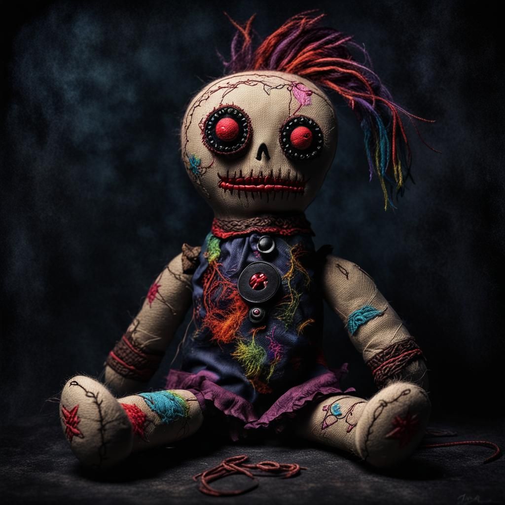 Sinister Voodoo Doll with Embroidery in Painterly Style