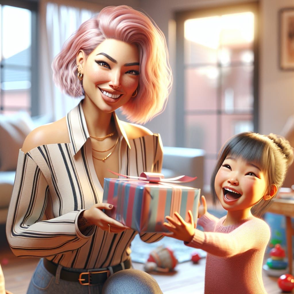 Disney Pixar style 3D beautiful woman with pink hair, giving a playful wink, handing a new toy to a little girl, in a co...