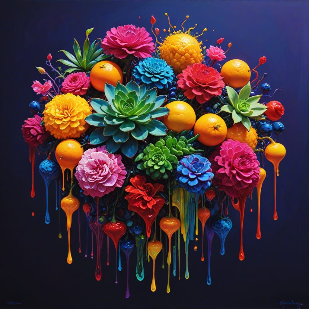 Psychedelic Fruits in Geometric Oil Painting Style