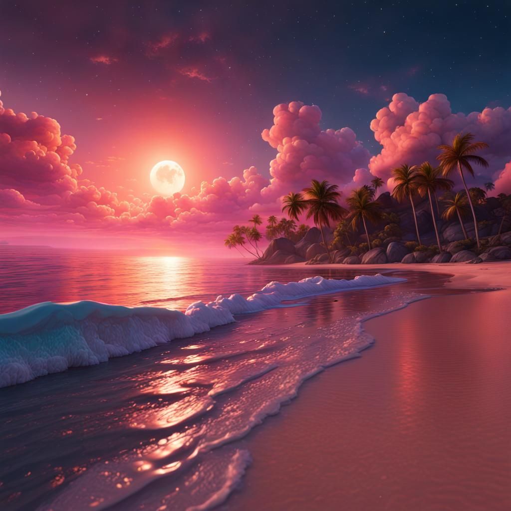 Pink and Orange Night Sky Beach: Fantasy Art