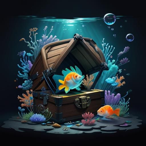 π swimming dark ultraviolet background, treasure chest