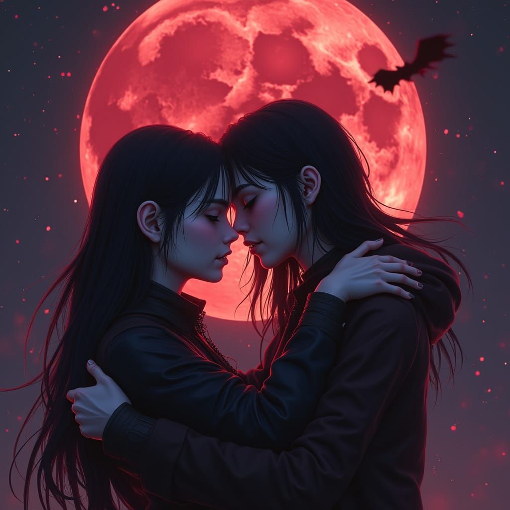 Vampire and Human Girls Hugging Under Blood Moon