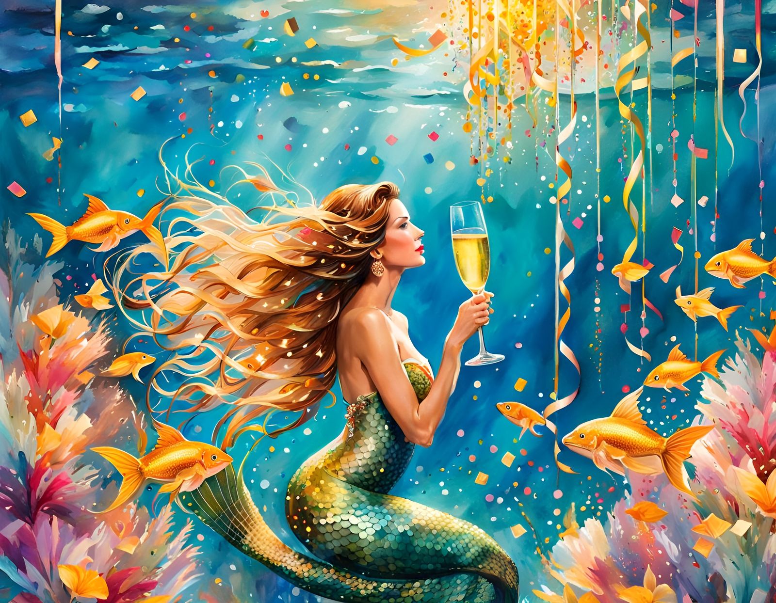 Festive Underwater Mermaid New Year Celebration