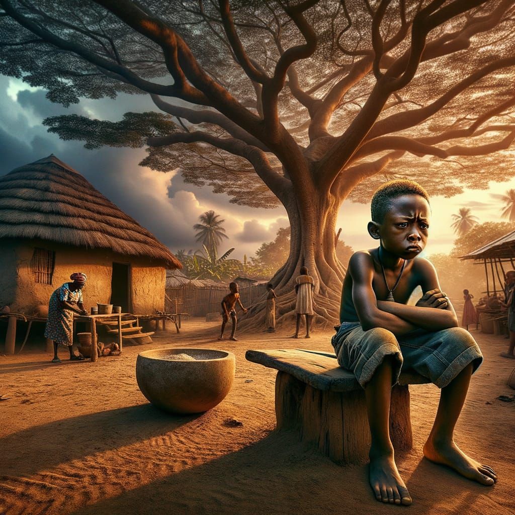Young Igbo Boy Contemplates Life in Traditional Nigerian Vil...