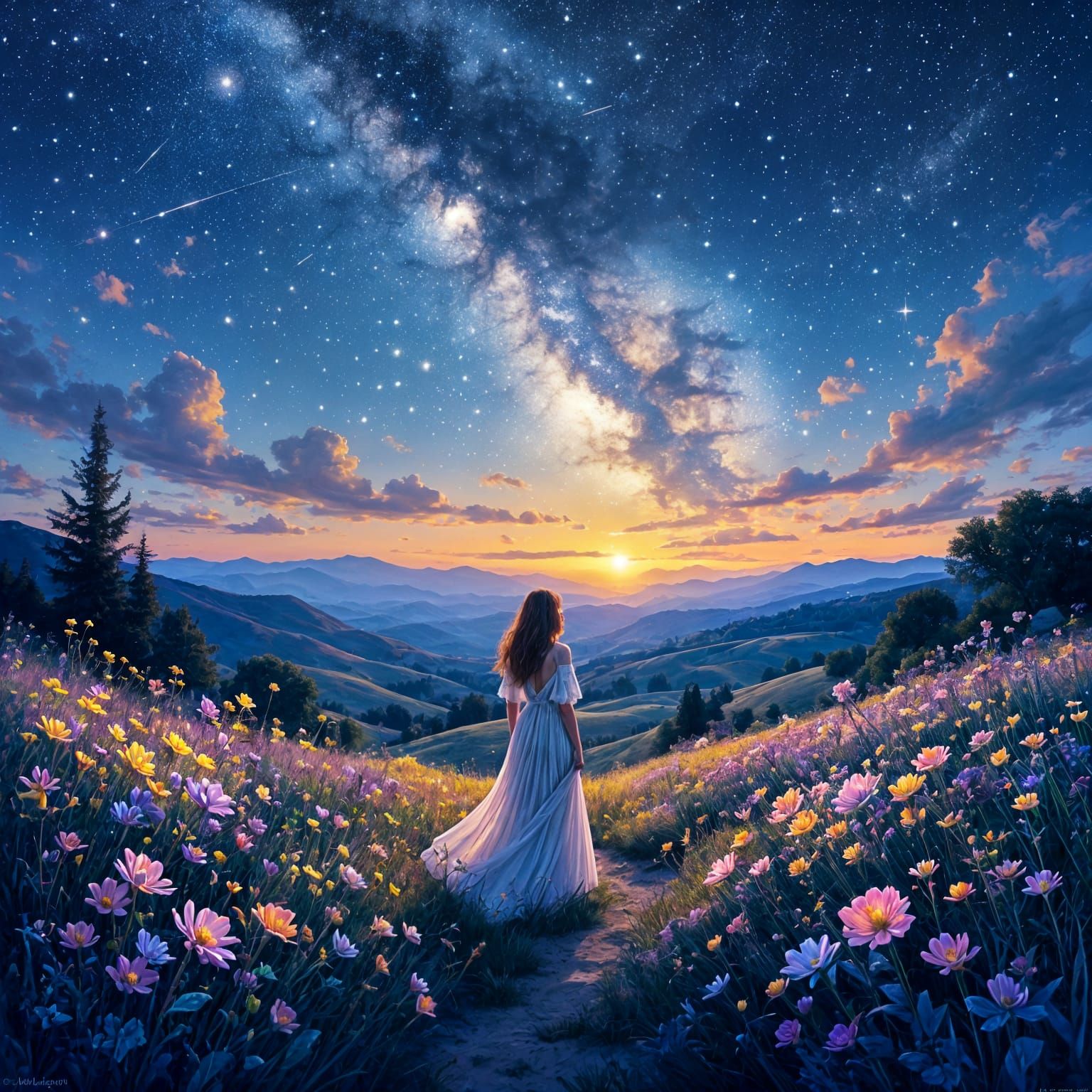 Iridescent Valley Under Starry Sky as Impasto Painting