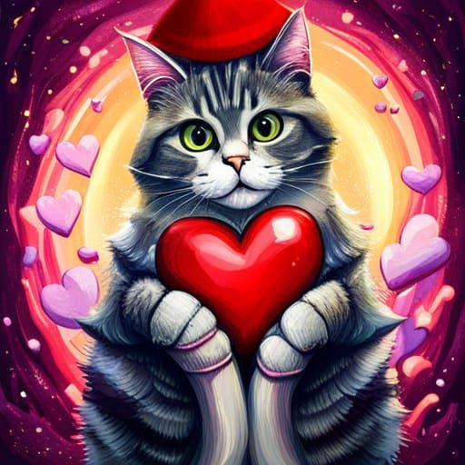 Cartoon Cat with Heart in Graffiti Art Style