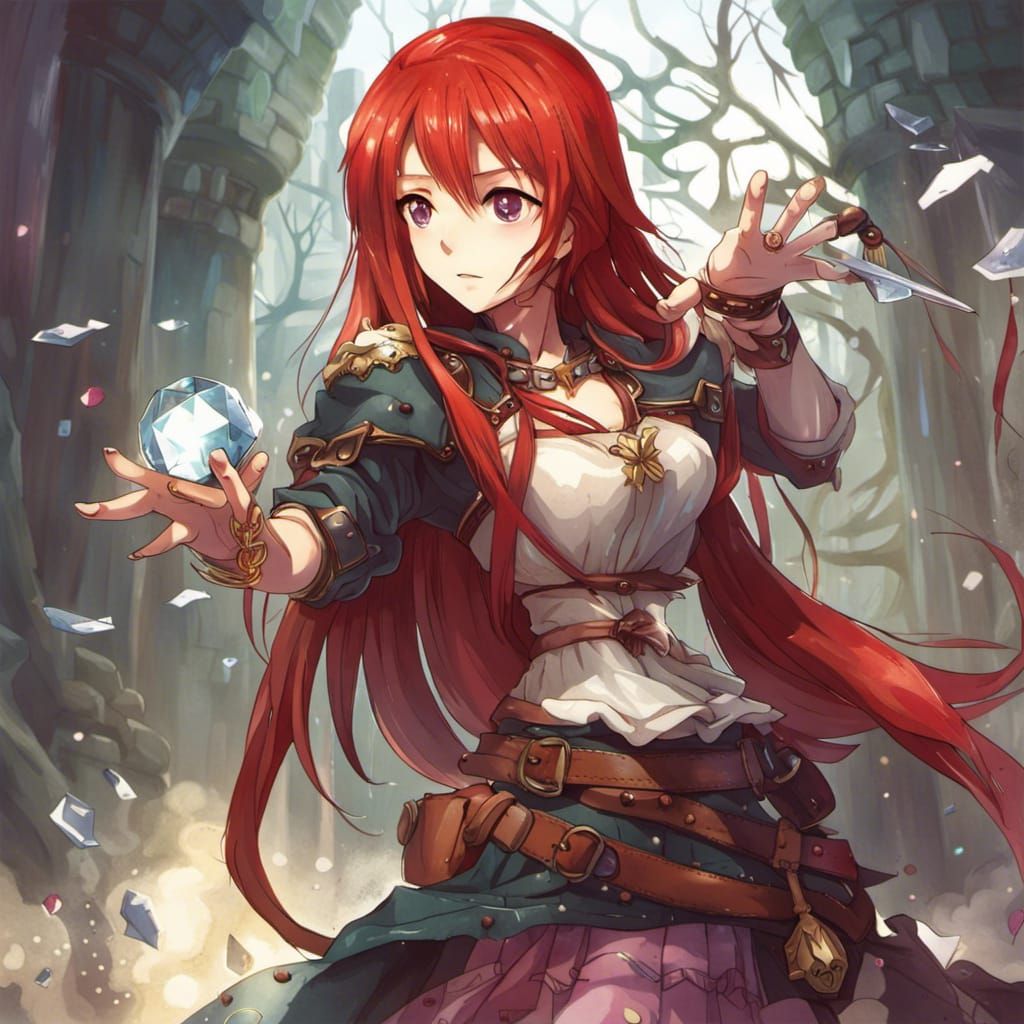 Red-Haired Girl with D20 in Anime Style