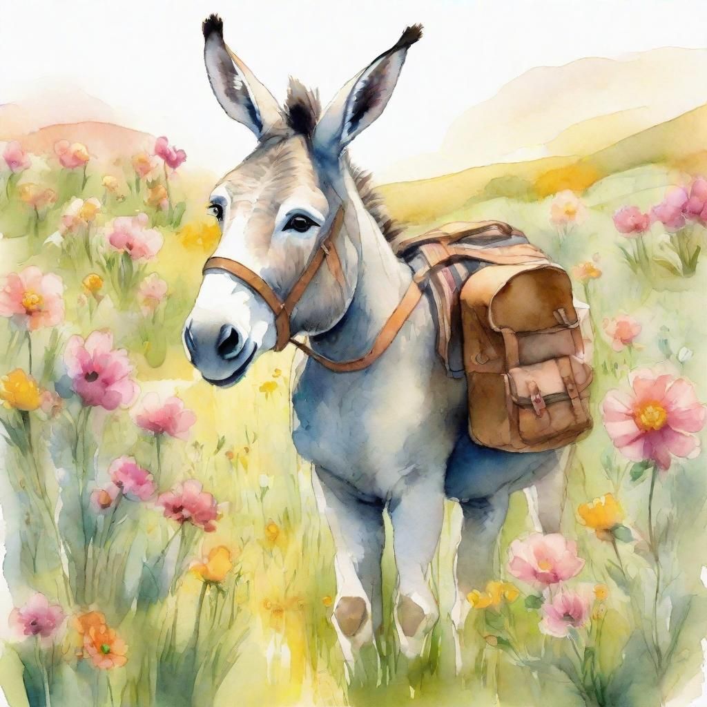 Donkey Student Walking to School: Watercolor Illustration