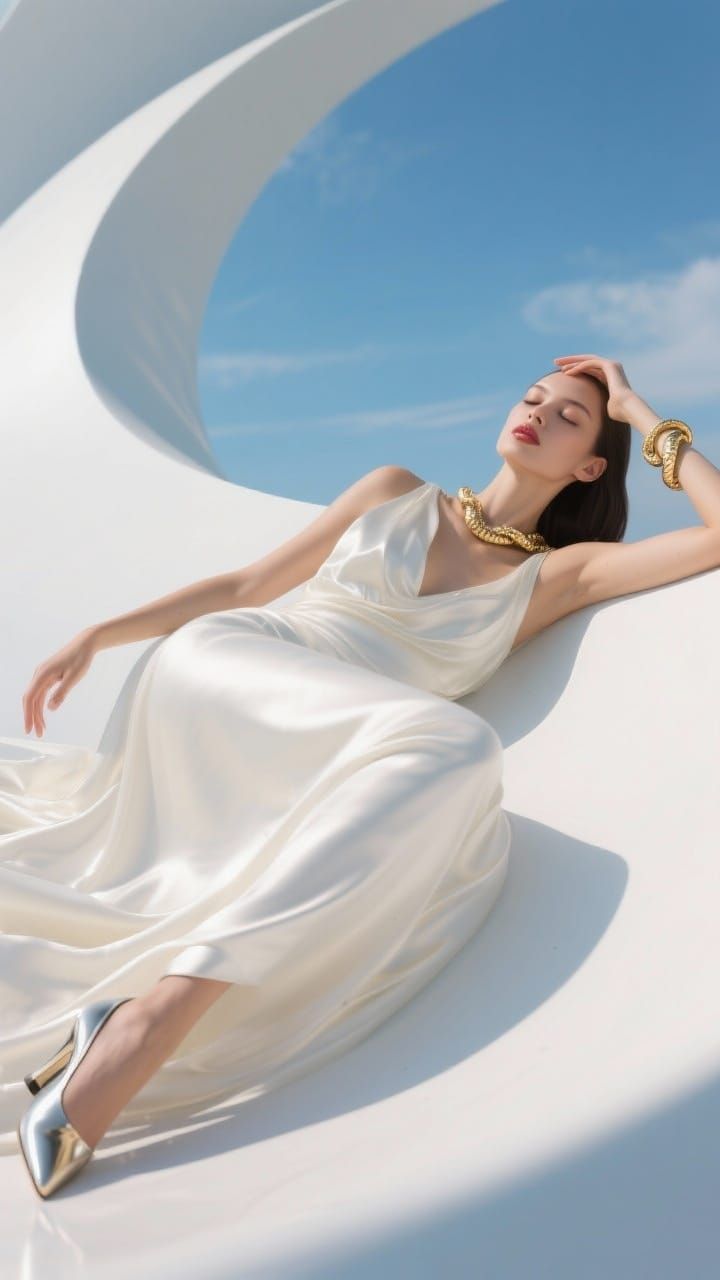 Radiant Model on White Curve in Azure Sky