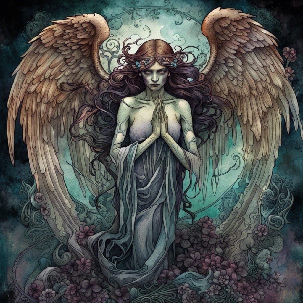 Undead Angel Girl in Dark Fantasy Watercolor Illustration