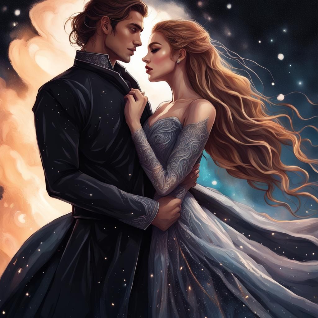 Lovers in Starlight: A Hyperrealistic Fantasy Portrait