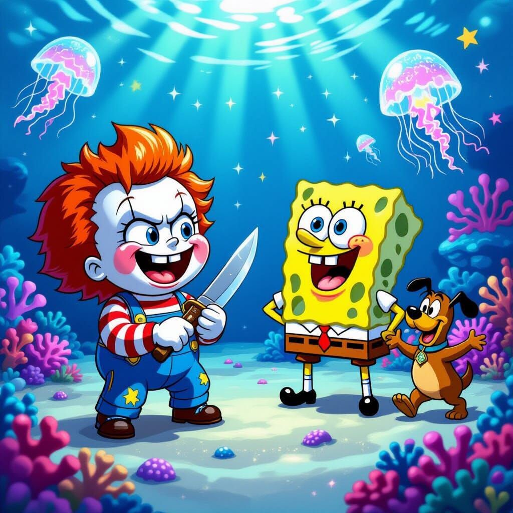Chucky Doll Visits SpongeBob in Whimsical Underwater Cartoon
