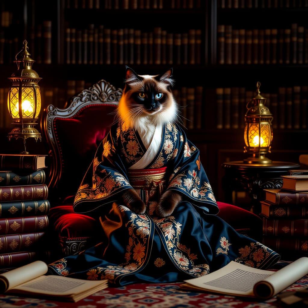 Regal Siamese Cat in Silk Robe in Opulent Study