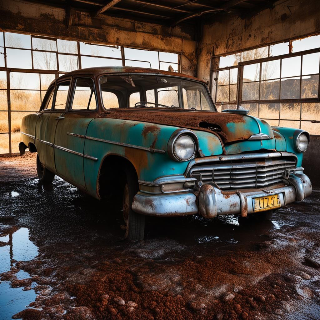 Decayed Car in Abandoned Car Wash, Edward Hopper Style