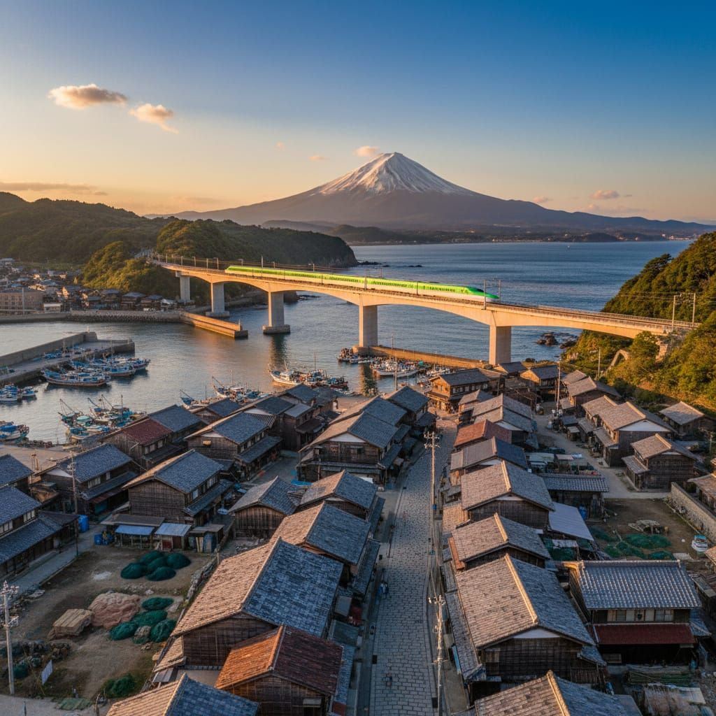 Japanese Village & Shinkansen Train at Sunset