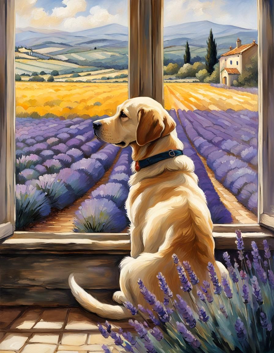 Labrador in Provence Lavender Fields, Detailed Illustration