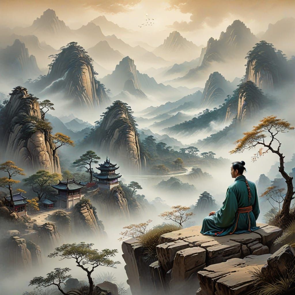 Ancient Chinese Scholar Contemplating Ink Painting