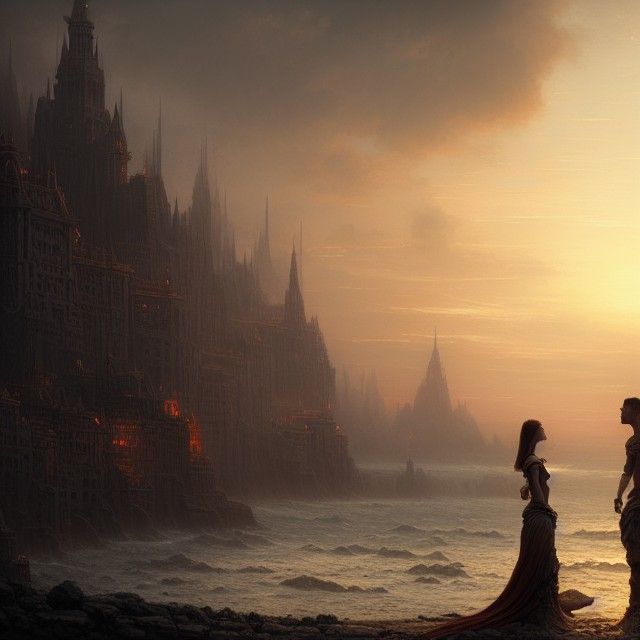 Romantic Sunset Kiss in Dark Fantasy Style