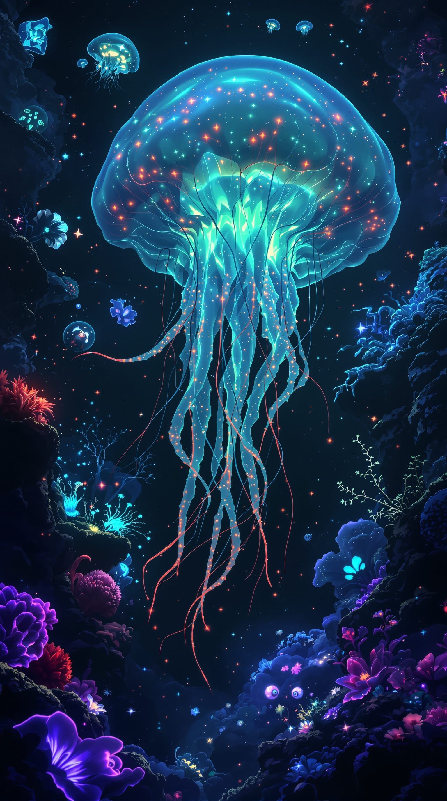 Bioluminescent Jellyfish in Alien Ocean Depths