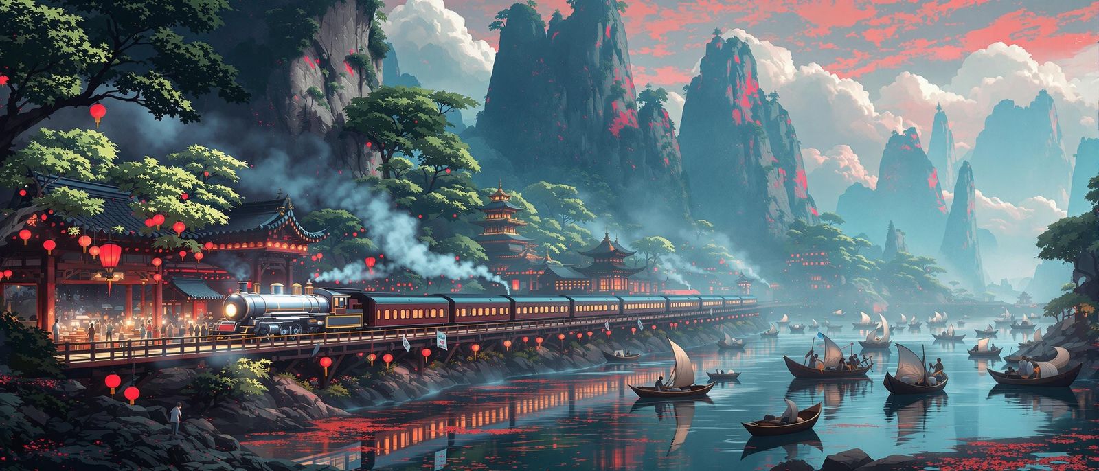 Mystical Train Journey Through Fantasy Landscape, Digital Ar...