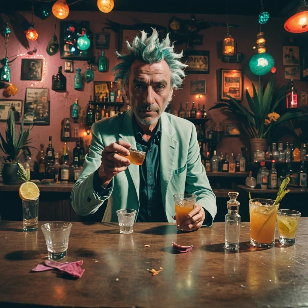 Rick Sanchez at a Colorful Bar, Cinematic Still