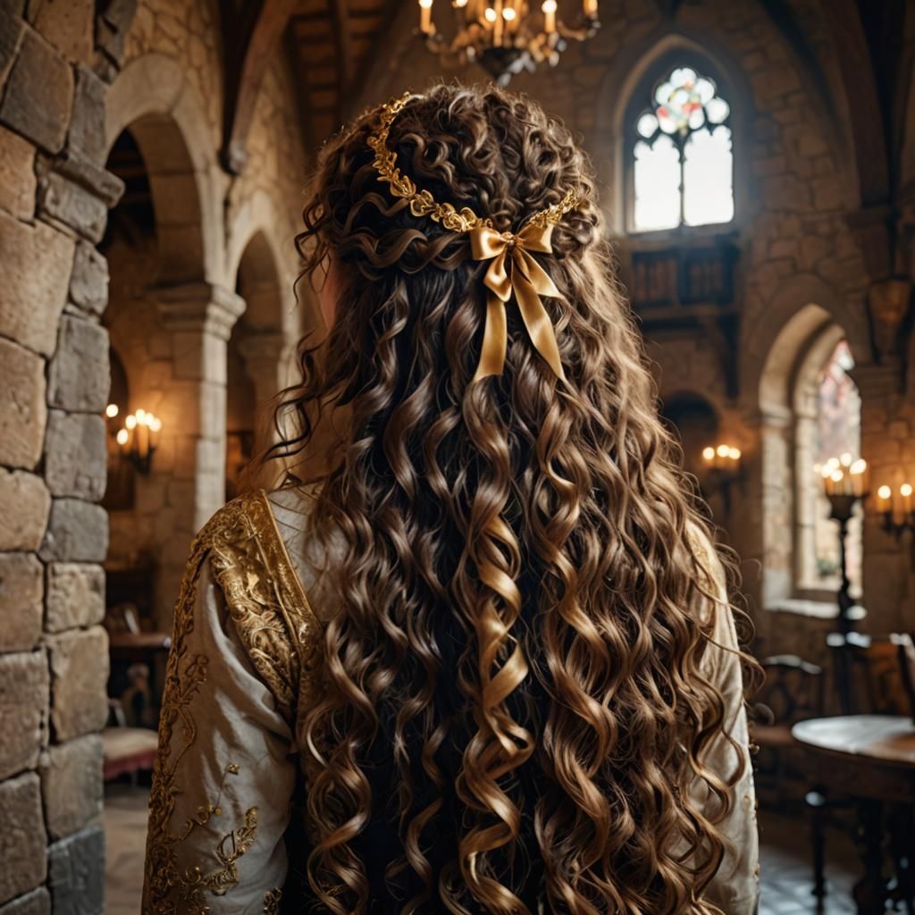 Brown Curly Hairstyle with Gold Ribbon, Medieval Backdrop