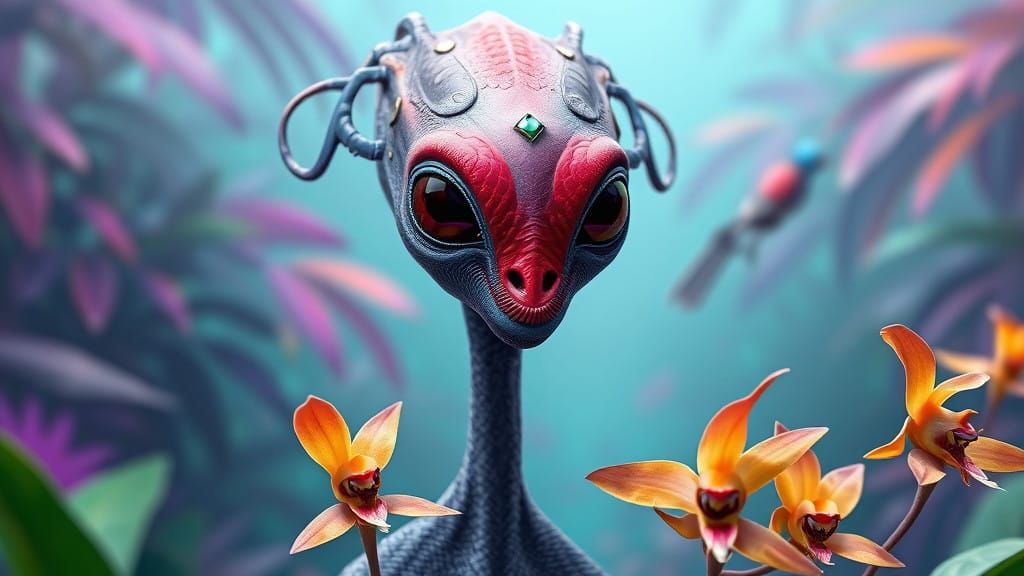Regal, Otherworldly Alien Portrait in Vibrant Jungle Setting