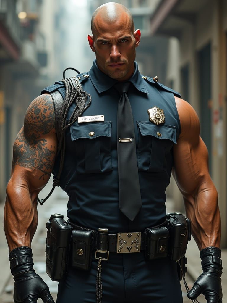 Cyberpunk Police Officer with Bulging Biceps